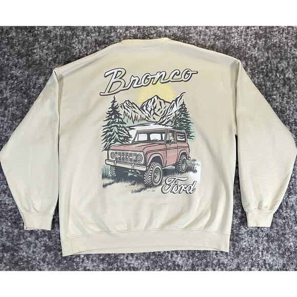 Ford Sweaters - Ford Bronco Retro Graphic Sweatshirt Juniors L Tan Crewneck Licensed Long Sleeve